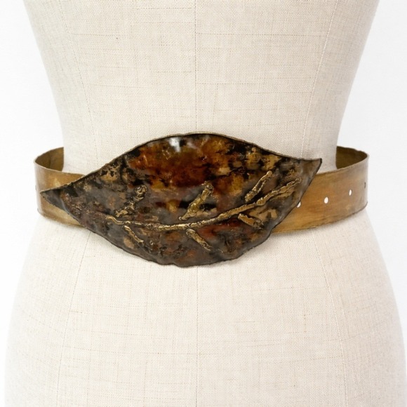 Vintage Handmade Copper Leaf Buckle Belt Brutalist Artisan Leather Belt M Gold